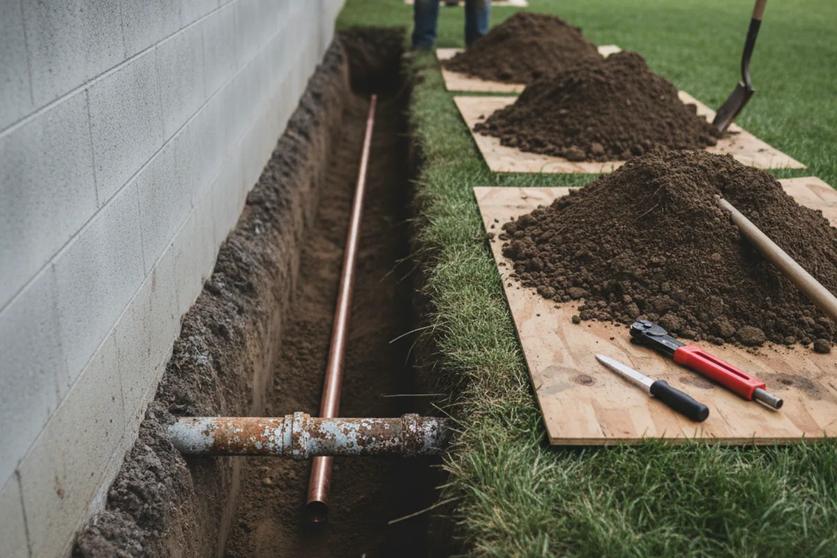 Excavated water line trench during Water Softener Installation in Tacna